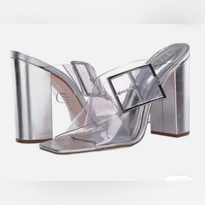 Schutz Madaleni Slide Vinyl  Square Toe Block Heel Silver Sandal Women Sz 8.5B